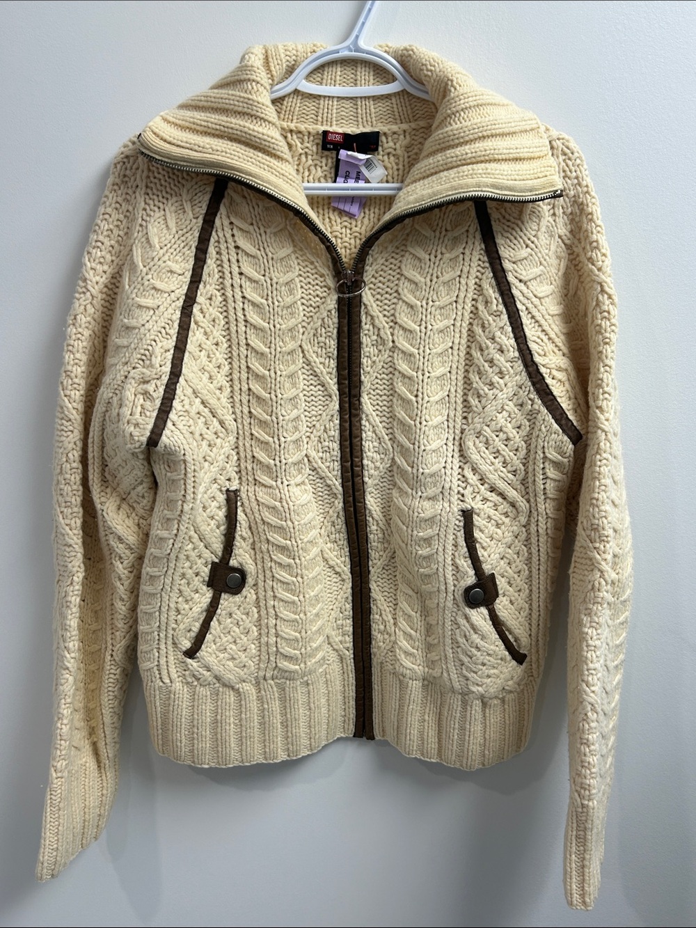 Diesel Cream Cable-Knit Turtleneck Zip Sweater with Brown Leather Trim